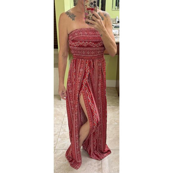 Boho Gypsy Sisters Pants - Boho Red Paisley print strapless wide leg large jumpsuit hippie resort vacation